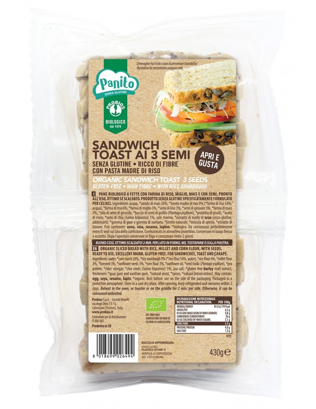 Pane Sandwich Toast ai 3 Semi Senza Glutine - Probios