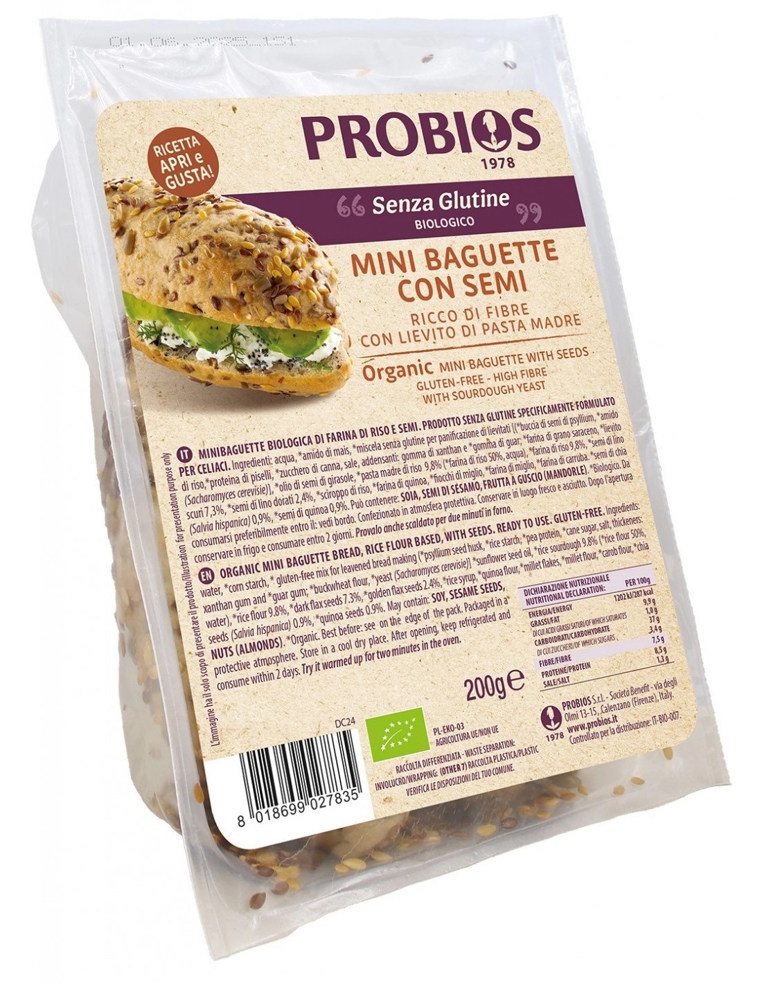 MINI BAGUETTE CON SEMI  SENZA GLUTINE 200g - Probios